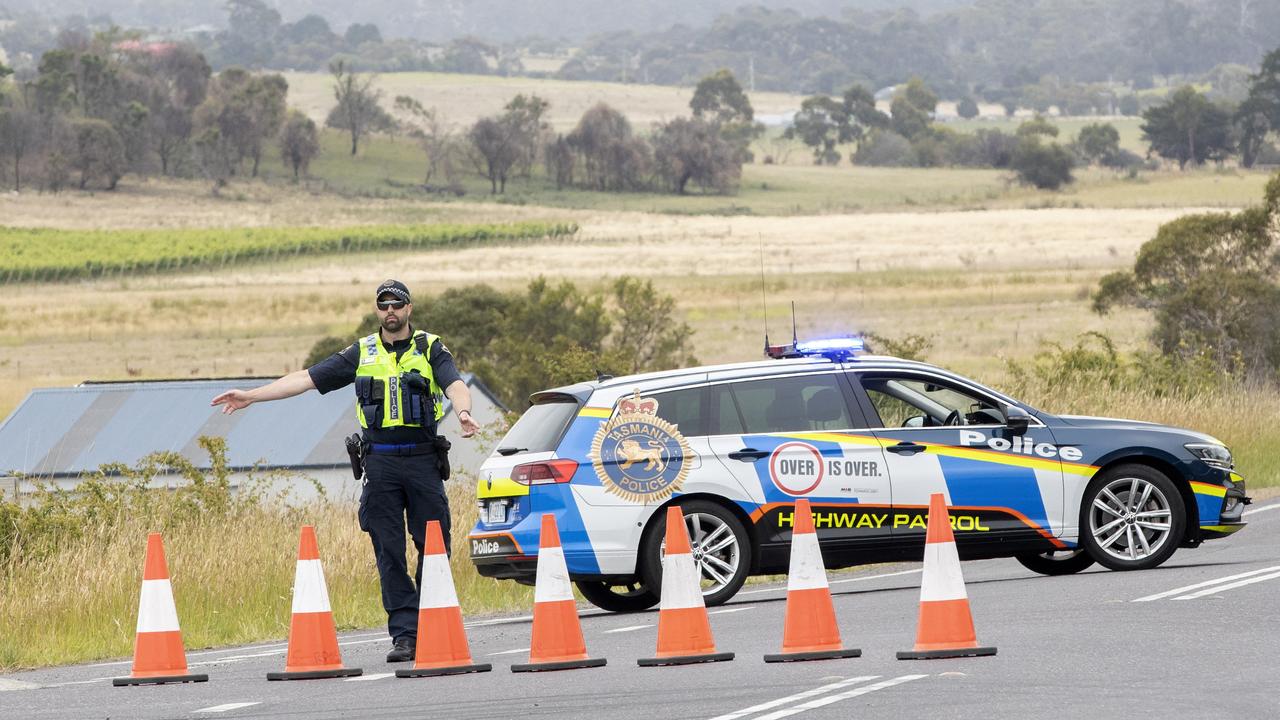 Fatal crash, Tasman Highway, Orielton. Police roadblock at the corner of Brinktop Road and the Tasman Highway. Picture: Chris Kidd