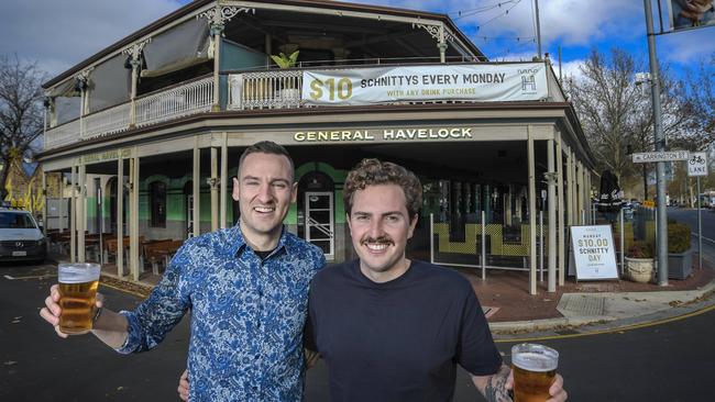 General Havelock staff member Cameron Groskreutz, left, and Hugo Pedler from Penny Hospitality which is looking to sell the Hutt St pub. Picture: Roy VanDerVegt