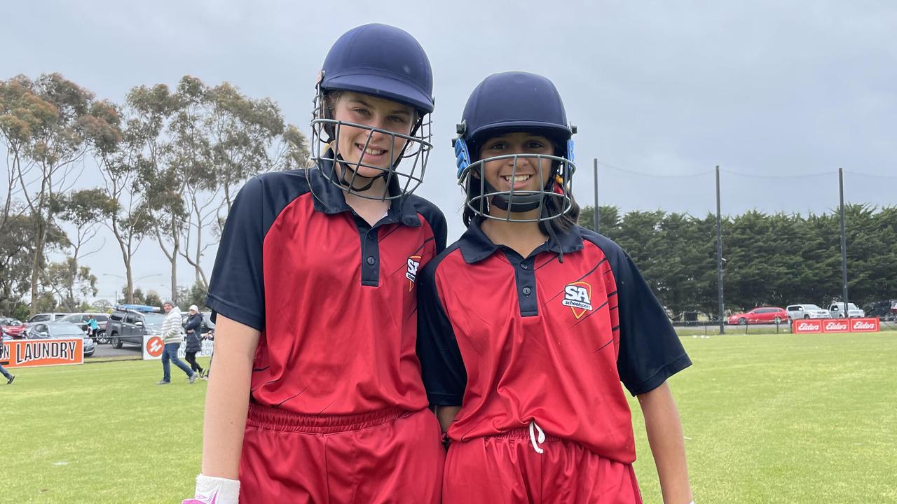 South Australia's Shelby Holland and Sanvi Shah prepare to bat. Picture: Shane Jones.