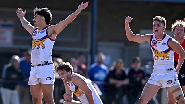 South Morang’s Joshua D’Intinosante (left) celebrates a goal during the NFNL clash on Saturday. Picture: Andy Brownbill