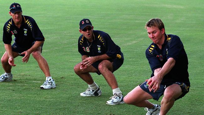 Andy Bichel, Ricky Ponting and Brett Lee at training before the Test. Picture: Clive Hyde