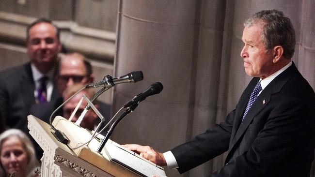 George W. Bush delivers an emotional eulogy. Picture: AFP.