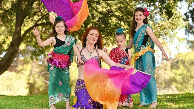 Belly Dance Amethyst dancers at last year’s WellFest Adelaide, Natalie 7, Claire McDonald, Isla, 4, and Hailey, 9. Picture: Keryn Stevens