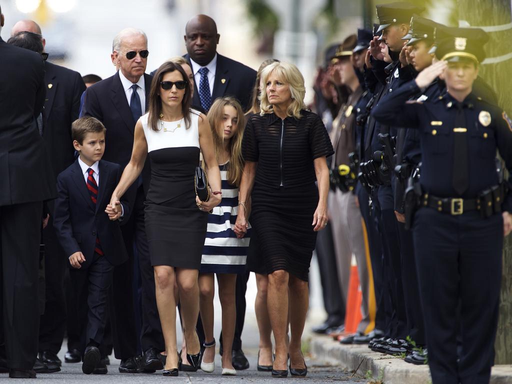 Former US Vice President Joe Biden and his wife Dr Jill Biden at the funeral of their son Beau who died on May 30, 2015 of brain cancer at 46. Picture: AFP