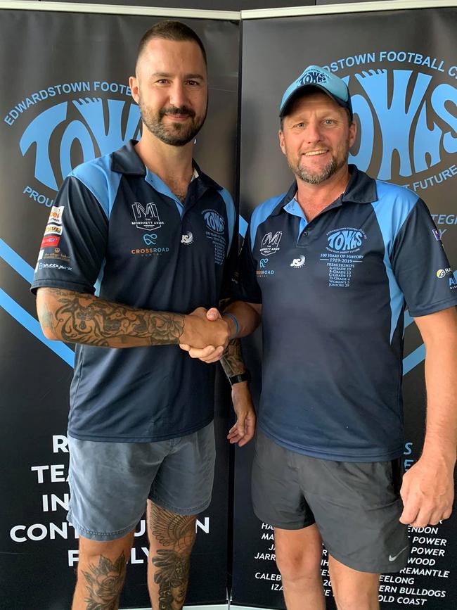 Former West Adelaide player Adam Hartlett (L) after signing with Adelaide Footy League club Edwardstown. Picture: Supplied, Edwardstown