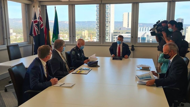 Premier Peter Malinauskas meets with Professor Nicola Spurrier and Police Commissioner Grant Stevens on Monday. Picture: Andrew Hough