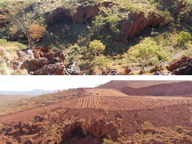 A combobination of two handout photos released by the PKKP Aboriginal Corporation and recieved by AFP on May 27, 2020 shows Juukan Gorge in Western Australia -- one of the earliest known sites occupied by Aboriginals in Australia, taken on June 2, 2013 (top) and how it was on May 15, 2020 (bottom). - Anglo-Australian mining giant Rio Tinto has admitted damaging ancient Aboriginal rock shelters in the remote Pilbara region -- blasting near the 46,000-year-old heritage site to expand an iron ore mine. (Photo by PETER PARKS / PKKP Aboriginal Corporation / AFP)