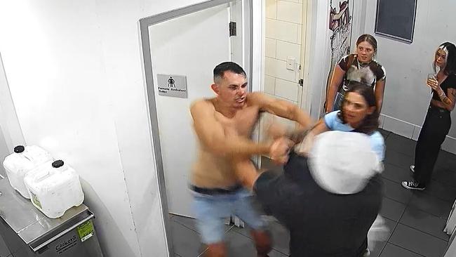 Billy Dean Fallon (shirtless) attacks a cleaner at Nightjar in Burleigh Heads in January this year. Picture: Supplied