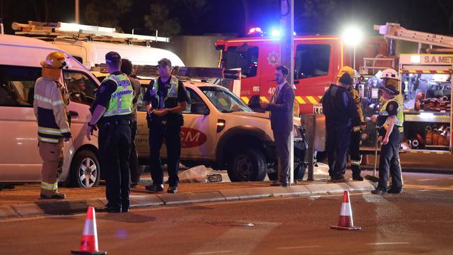 Vehicle accident involving cars, a truck and a cyclist, at the freeway intersection on Wednesday night. Picture: Dean Martin