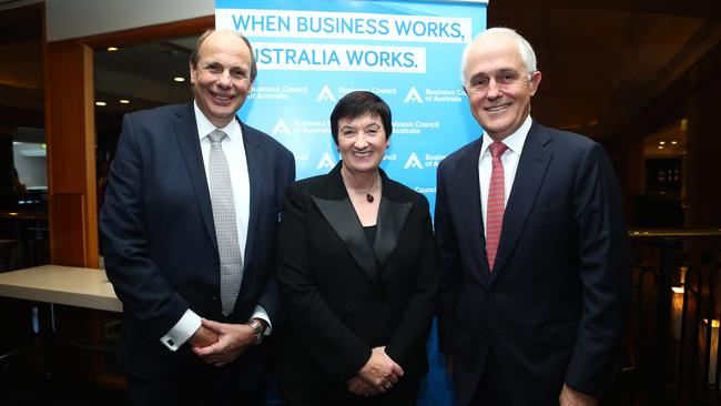 Prime Minister Malcolm Turnbull (right) with BCA President Grant King and CEO Jennifer Westacott. Picture: Hollie Adams