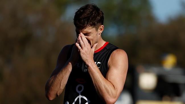 MELBOURNE, AUSTRALIA - MARCH 01: Jack Steele of the Saints looks dejected after a loss during the 2025 AFL AAMI Community Series match between the St Kilda Saints and the Port Adelaide Power at RSEA Park on March 1, 2025 in Melbourne, Australia. (Photo by Michael Willson/AFL Photos via Getty Images)