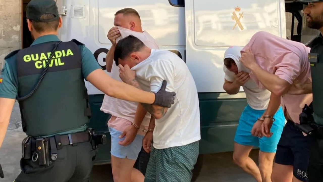 The moment eight Brits were hauled into court for allegedly starting a violent Majorcan beach brawl with bar staff. Picture: Solarpix