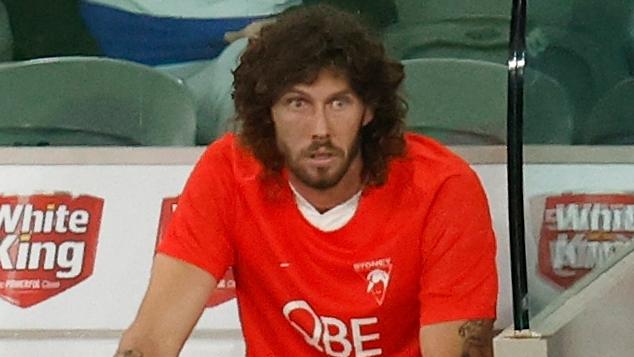 MELBOURNE, AUSTRALIA - MARCH 31: Tom Hickey of the Swans looks on after being subbed from the match during the 2022 AFL Round 03 match between the Western Bulldogs and the Sydney Swans at Marvel Stadium on March 31, 2022 In Melbourne, Australia. (Photo by Michael Willson/AFL Photos via Getty Images)