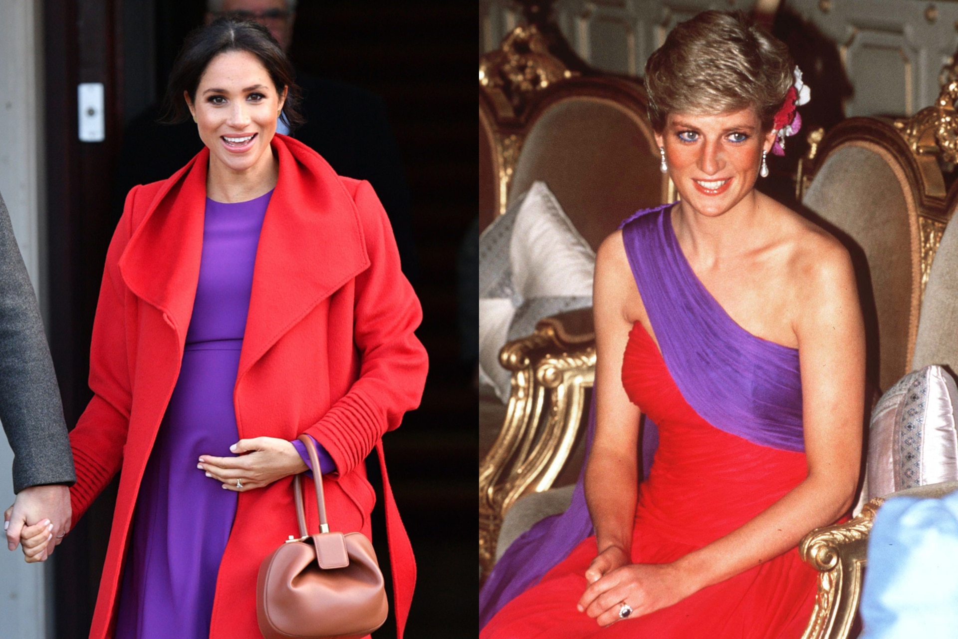 <h2>Meghan Markle (2019) and Princess Diana (1988)</h2><p>Purple and red might be too bold a colour combination for some, but not for the Duchess of Sussex or Princess Diana. Meghan Markle's red wrap coat and purple midi dress by Aritzia echoed the hues Princess Diana chose for her one-shouldered gown during a 1988 tour to Bangkok, Thailand.</p>