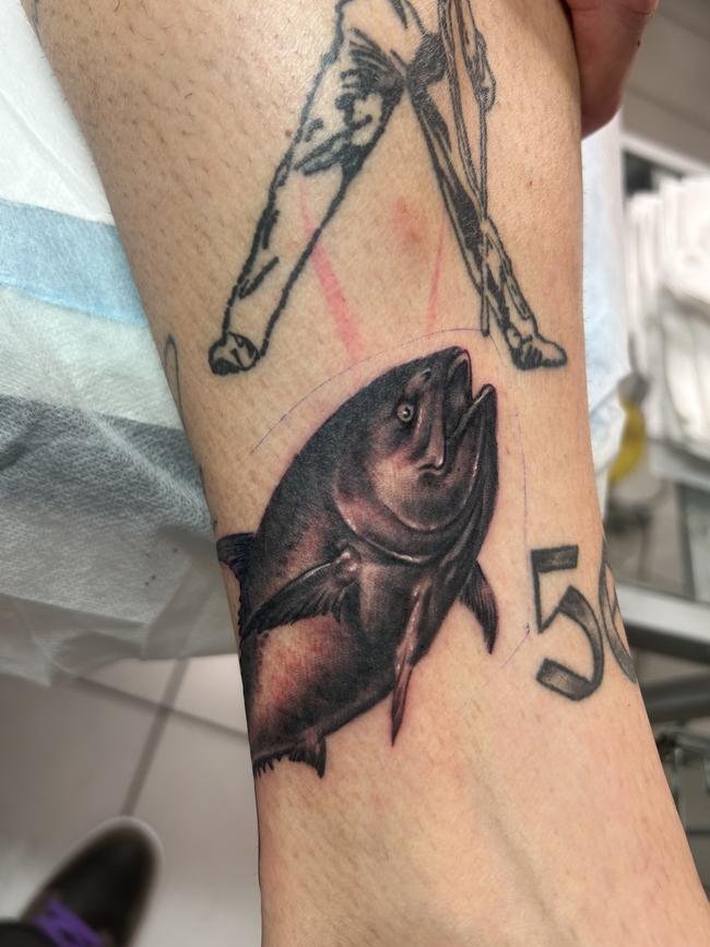 Kyle Chalmers new tuna tattoo. Picture: Mantra Tattoo