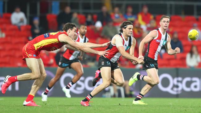 St Kilda’s Hunter Clark handballs during the Round 10 match against Gold Coast Suns. Picture: Getty Images