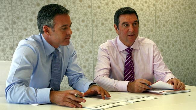 Former FAA CEO Ben Buckley (L) with then- A-League boss Archie Fraser.