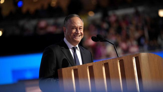 Second gentleman Doug Emhoff speaks on stage during the second day of the Democratic National Convention. Picture: Getty