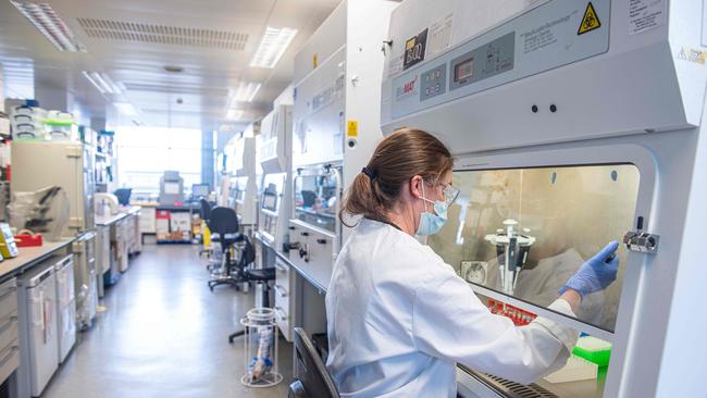 A technician working at Oxford Vaccine Group on the University's COVID-19 candidate vaccine, known as AZD1222, co-invented by the University of Oxford and Vaccitech.