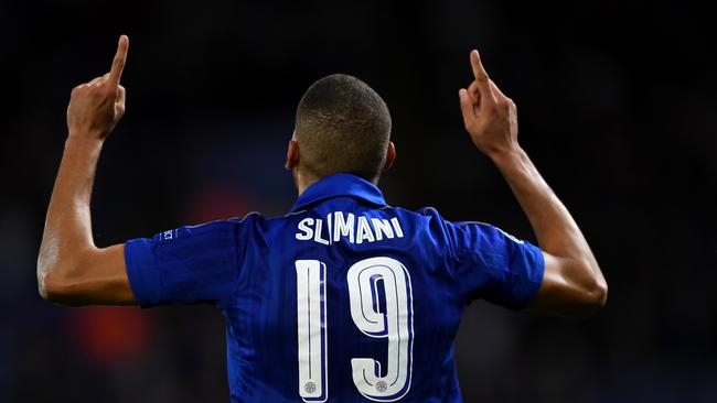 Islam Slimani of Leicester City (19) celebrates as he scores.