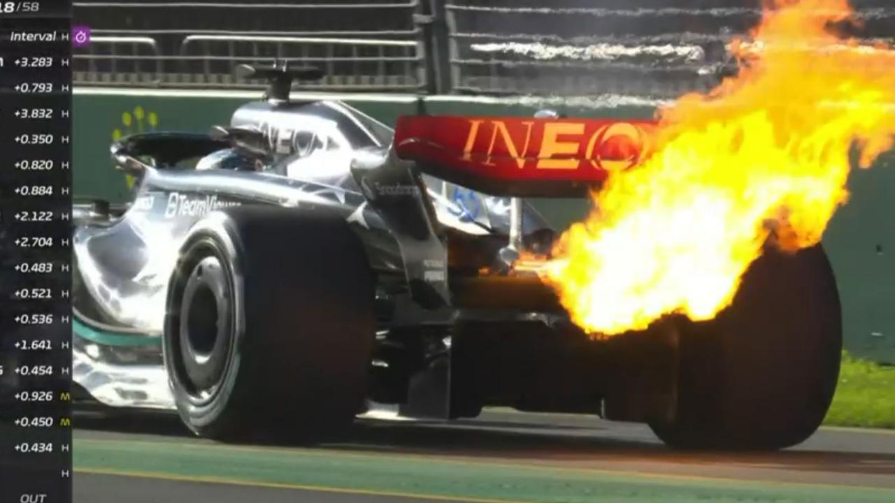 George Russell's car caught fire. Picture: Fox Sports