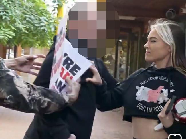 Stills taken from vegan activist Tash Peterson’s Instagram account of her being assaulted out the front of the Perth Zoo as she protests about zoo animals being kept in captivity. Picture: Instagram