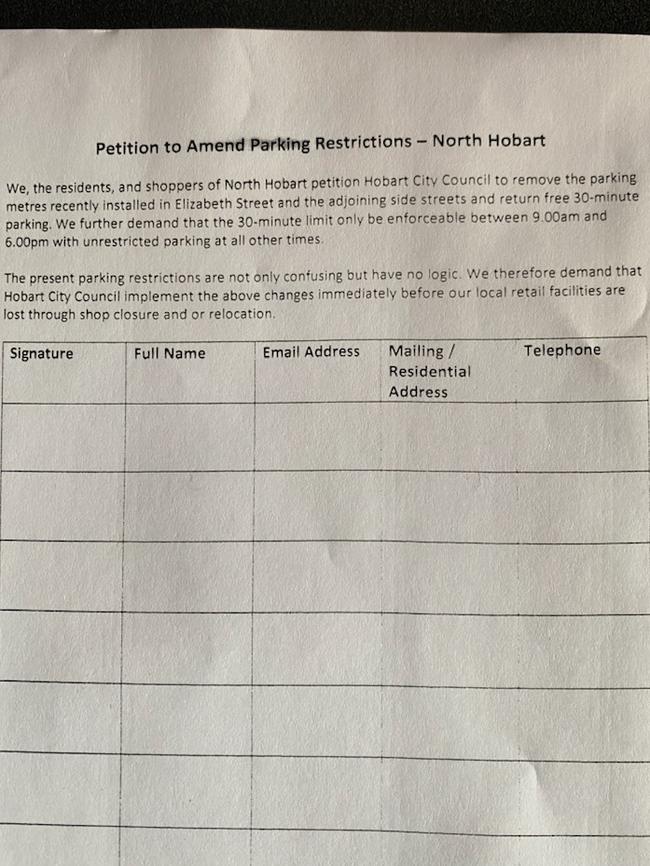 A petition to amend parking restrictions in North Hobart is being circulated by local businesses. Picture: SUPPLIED