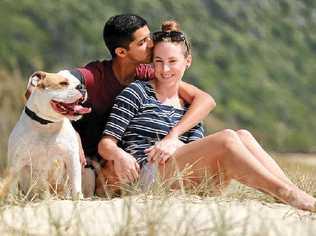 BRAVE: Nadine White, who is battling brain cancer, with her fiance Travis Meyn and dog Norman at Tallebudgera. Picture: Kit Wise GOLD COAST BULLETIN