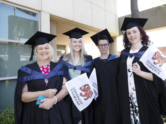 Debra Muir, Kandice Howe, Victoria Rohleder and Jasmine Gaul at the UTAS Graduation at Burnie. PICTURE CHRIS KIDD