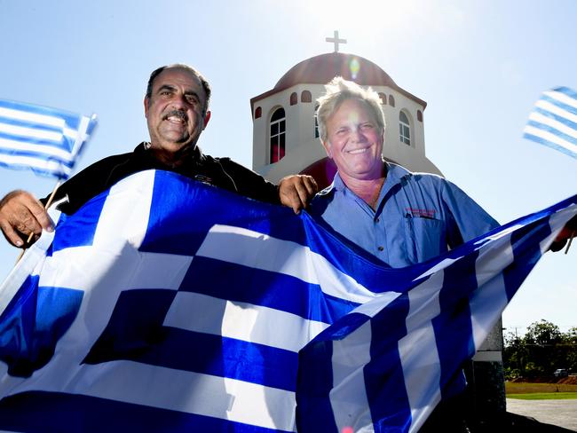 The  Greek Festival which will replace Glenti in 2020 to be held at the Kalymnos Club in Marrara   Kalymnian Brotherhood Darwin President Michael Melas with  Darwin Greek Community President Nick Poniris .  Picture Katrina Bridgeford.