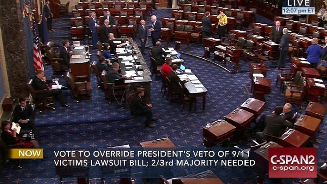 This grab from video provided by C-SPAN2, shows the floor of the Senate on Capitol Hill in as the Senate acted decisively to override President Barack Obama's veto of Sept. 11 legislation. Picture: AP