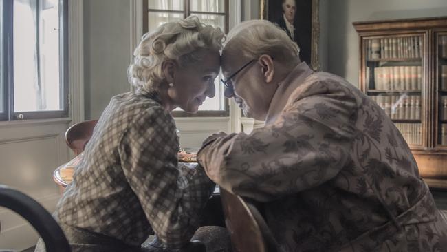 Kristin Scott Thomas, as Clementine Churchill, and Gary Oldman, as Winston Churchill, in a scene from film Darkest Hour. Credit: Jack English / Focus Features.