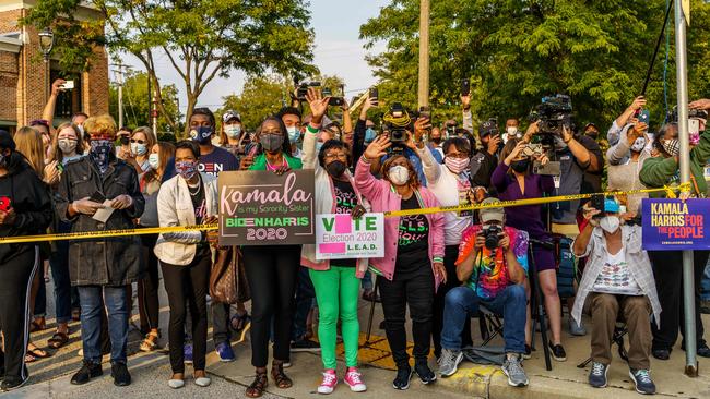 Kamala Harris's supporters hold signs outside an International Brotherhood of Electrical Workers (IBEW) training facility on September 7 in Milwaukee, Wisconsin. Picture: AFP