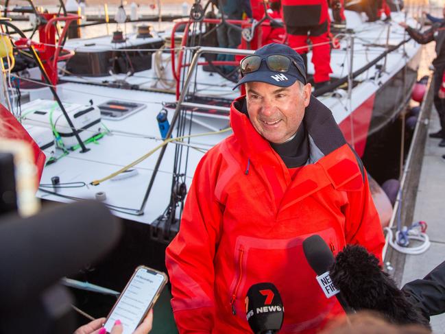 Celestial V70 skipper Sam Haynes arrives in Hobart just after dawn in the 2024 Sydney to Hobart.Picture: Linda Higginson