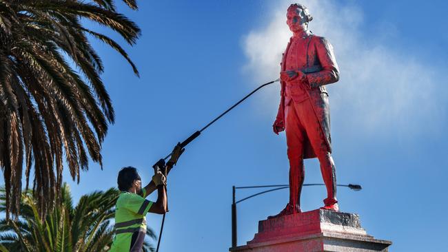 The sculpture was doused in red paint during an Australia Day protest in 2022. Picture: Tony Gough