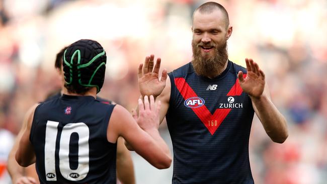 Max Gawn celebrates a goal with Angus Brayshaw.