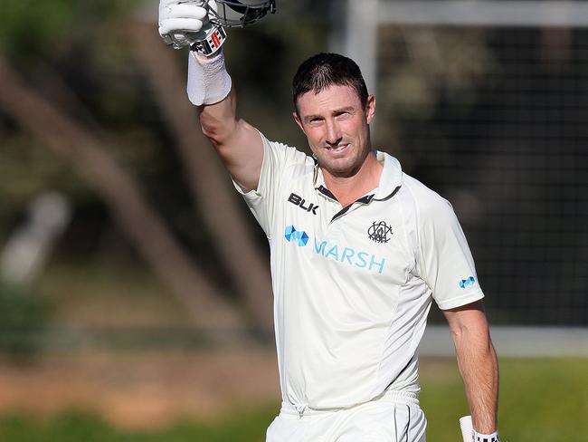 ADELAIDE, AUSTRALIA - NOVEMBER 09: Shaun Marsh of Western Australia celebrates after reaching his century during day two of the Sheffield Shield match between Victoria and Western Australia at Karen Rolton Oval on November 09, 2020 in Adelaide, Australia. (Photo by Daniel Kalisz/Getty Images)