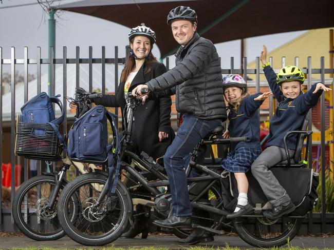 ADELAIDE, AUSTRALIA - Advertiser Photos  SEPTEMBER 22, 2021: The van Eyk family who are organising members of the SA Parents for Climate Action group Mother Andrea, Father Philip children Eleanor 5yrs and Peter 9yrs who use two electric cargo bikes to get the kids to school in Colonel Light Gardens, SA. Picture: Emma Brasier