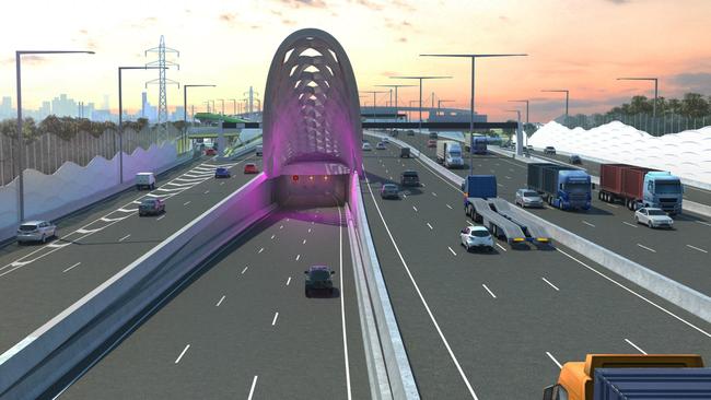 An artist impression of the inbound tunnel portal from the upgraded West Gate Fwy.