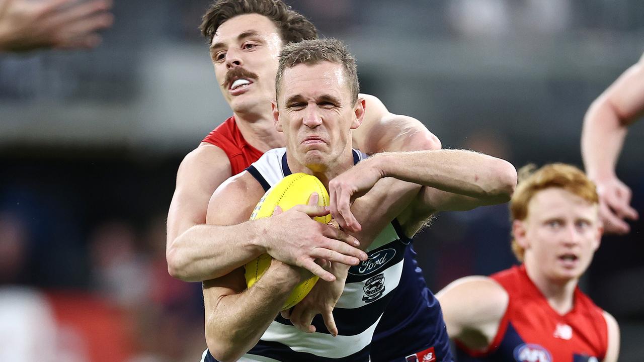 Joel Selwood has made a career out of dropping at the knees to force contact to his own head. Picture: Michael Klein