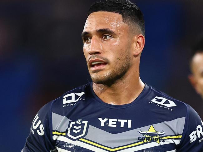 GOLD COAST, AUSTRALIA - MAY 12:  Valentine Holmes of the Cowboys looks on during the round 10 NRL match between Gold Coast Titans and North Queensland Cowboys at Cbus Super Stadium, on May 12, 2024, in Gold Coast, Australia. (Photo by Chris Hyde/Getty Images)