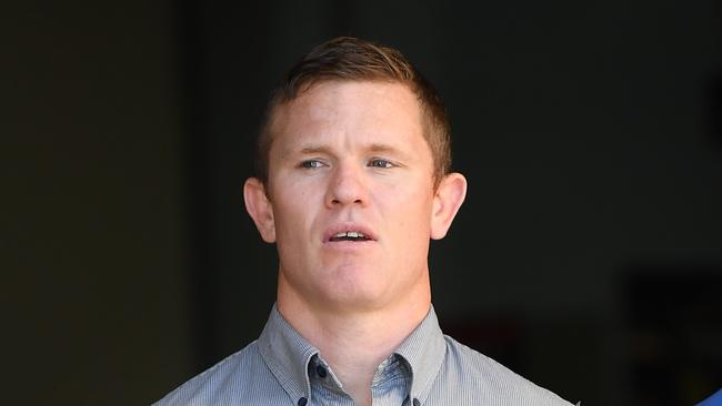 Former Gold Coast Titans NRL player Steve Michaels leaves the Southport Magistrates Court on the Gold Coast, Thursday, May 10, 2018. Michaels, 31, has been committed to stand trial charged with 10 counts of supplying a dangerous drug in 2014, following a committal hearing at Southport Magistrates Court on Thursday. (AAP Image/Dave Hunt) NO ARCHIVING