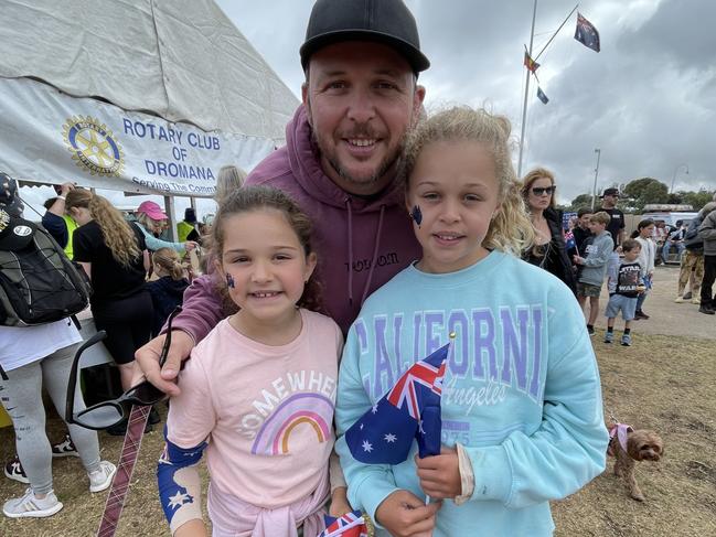 The Dromana Australia Day festival, organised by volunteers, will be back so locals like dad Adam Alexander with children Ivy, 7 and Poppy, 9 can celebrate. Picture: Lucy Callander