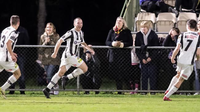 Shannon Day celebrates after scoring Adelaide City’s first goal against MetroStars in the Premier League preliminary final. Picture: Adam Butler