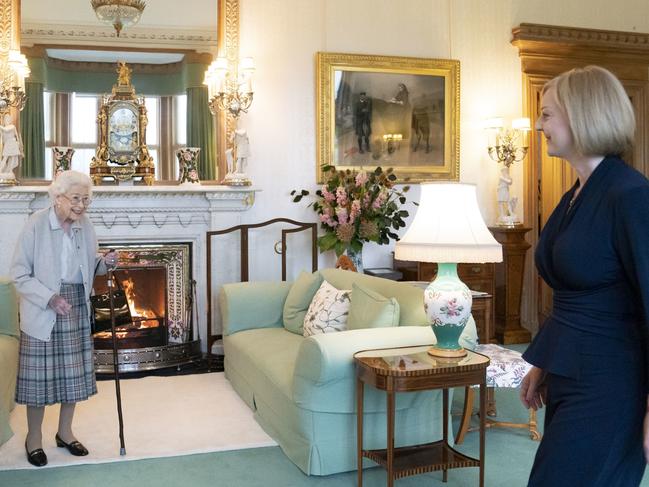 Liz Truss arrives in the Queen’s drawing room to meet the monarch. Picture: Jane Barlow - WPA Pool/Getty Images