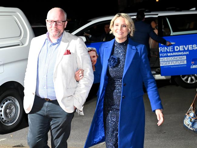 Liberal Candidate for Warringah, Katherine Deves arrives at her election party at Balgowlah Bowling Club at 7.40pm on Saturday night. Picture: Jeremy Piper