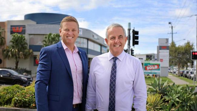 Brendan Robins and Rem Rafter of CBRE on site at 3 Nicklin Way, Minyama.