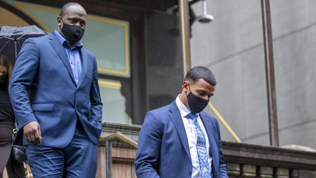 Australian sports legend Wendell Sailor (left) leaves court on the first day of his son Tristan Sailor’s (right) trial. Picture: NCA NewsWire/Christian Gilles