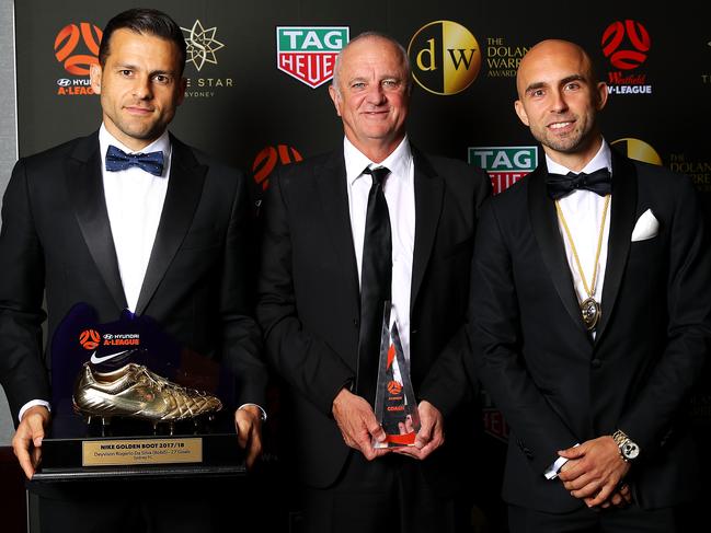 Bobo and Adrian Mierzejewski with former Sydney FC boss Graham. Picture: Getty Images