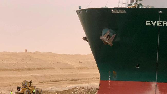 A handout picture released by the Suez Canal Authority on March 24, 2021 shows a part of the ship. Picture: Suez Canal/AFP